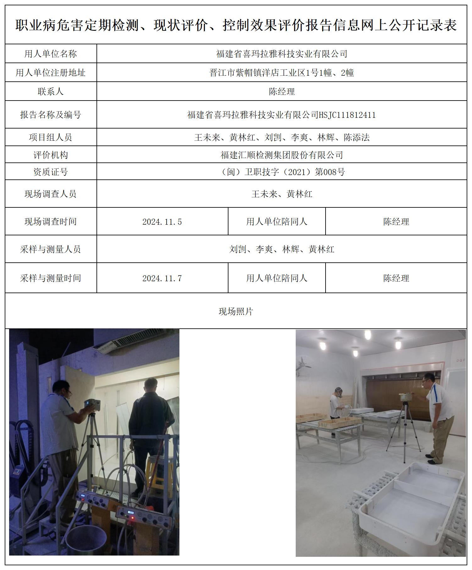 HSJC111812411福建省喜玛拉雅科技实业有限公司职业病危害定期检测职业卫生技术服务报送卡及各类检测评价公示页_职业病危害定期检测、现状评价、控制效果评价报告网上公开信息表.jpg