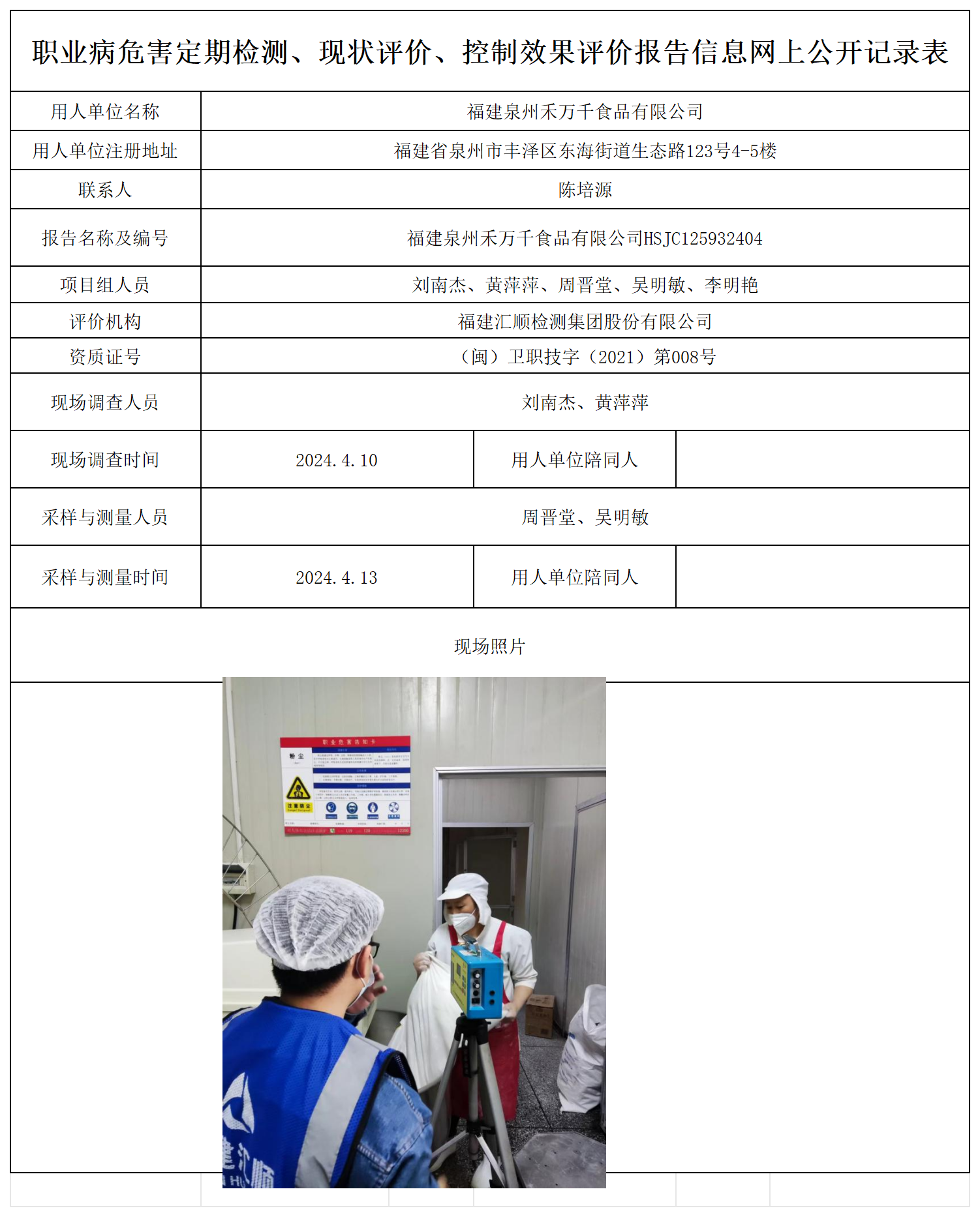 HSJC125932404福建泉州禾万千食品有限公司职业卫生技术服务报送卡及各类检测评价公示页20250417_职业病危害定期检测、现状评价、控制效果评价报告网上公开信息表.png