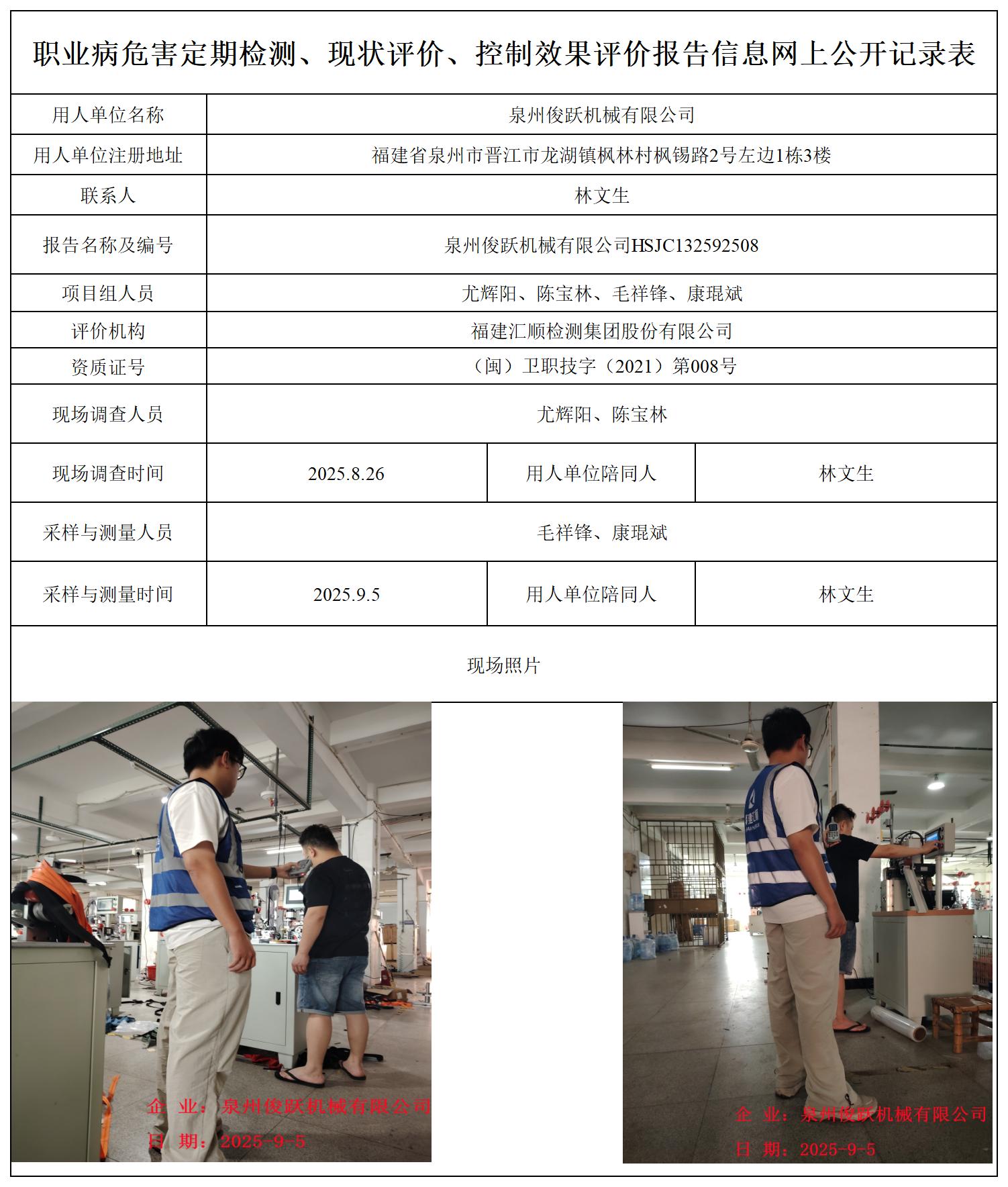 HSJC132592508泉州俊跃机械有限公司职业卫生技术服务报送卡及各类检测评价公示页-王安钦_职业病危害定期检测、现状评价、控制效果评价报告网上公开信息表.jpg